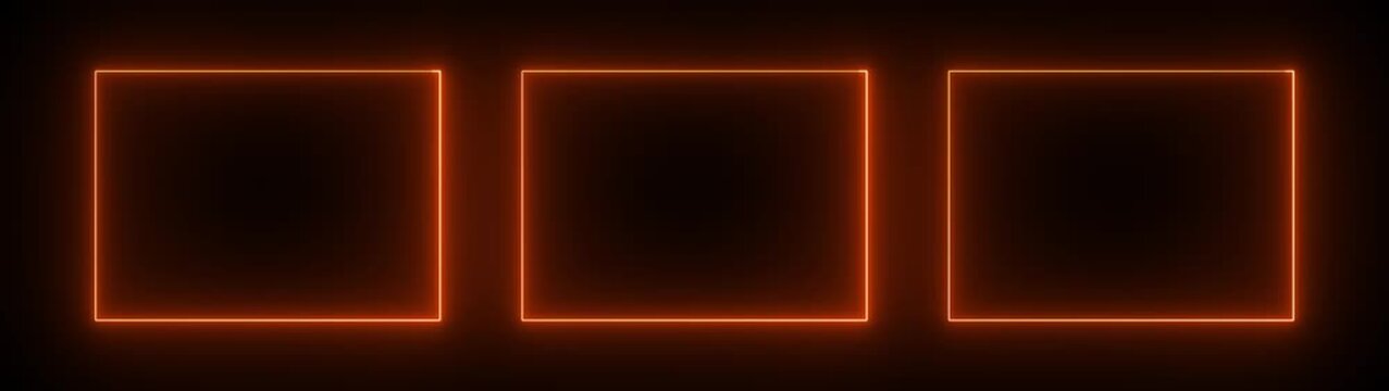 Glowing red neon three rectangular boxes animation, abstract geometric frames motion graphics on black background