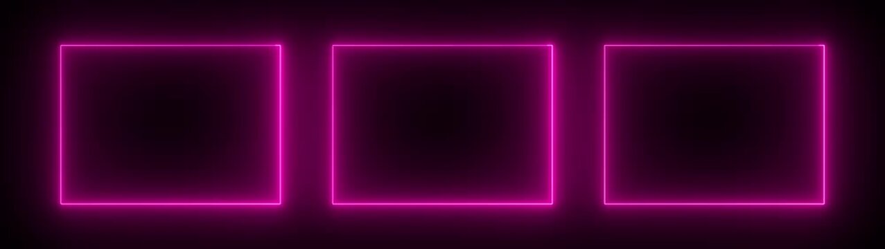 Glowing pink neon three rectangular boxes animation, abstract geometric frames motion graphics on black background