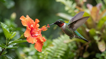 Fototapeta premium Ruby-throated hummingbird sips nectar from vibrant orange hibiscus flower