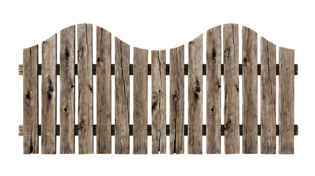 Wooden fence with rustic brown planks on a transparent background, wooden fence gate with weathered boards PNG with alpha channel