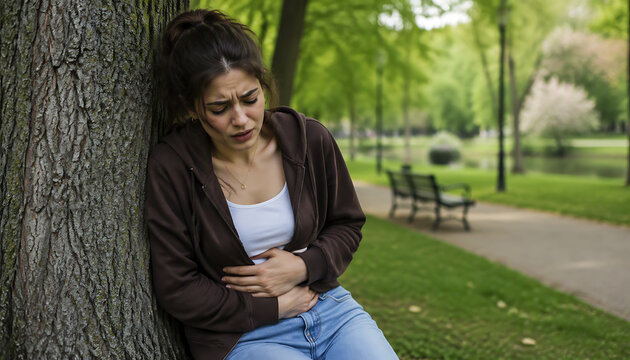 Mujer sientiendo dolor estomacal, apoyada en un &aacute;rbol