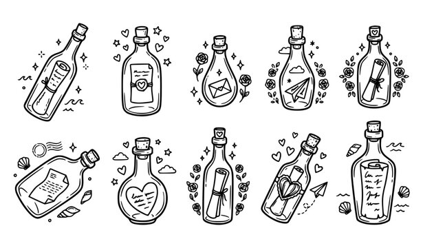 Romantic message in a bottle black and white doodle vector set with hearts letters and nautical symbols