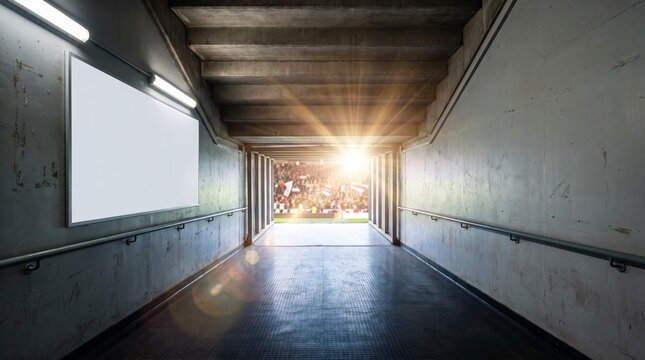 Stadium Tunnel With Blank Billboard Leading To Sunlit Roaring Crowd