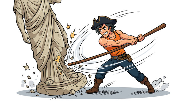 Pirate Smashes Ancient Statue with Wooden Club Cartoon