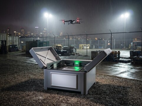 Drone Hovering Over Open Dock Box In Rain At Night Industrial Yard