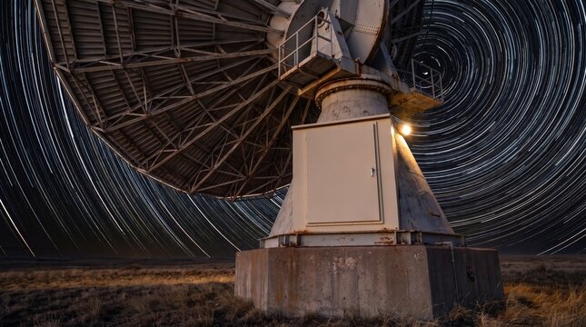 Radio Telescope Dish With Circular Star Trails In Night Sky