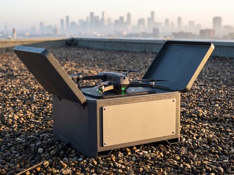 Drone Landing Box On Rooftop With Blank Plate And City Skyline