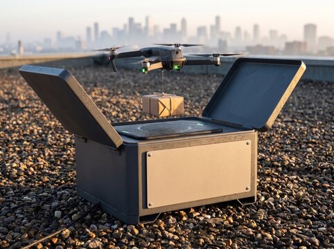 Delivery Drone Lifting Parcel Above Rooftop Dock With Blank Plate