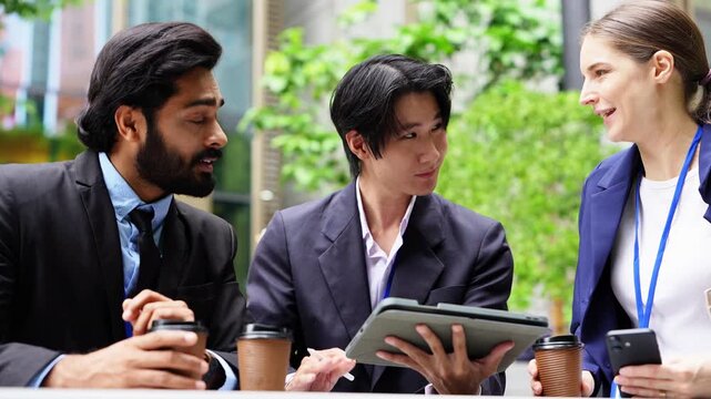 Asian businessman writes on a digital tablet with a stylus at an outdoor cafe table while a bearded colleague watches and a smiling businesswoman leans in holding her phone