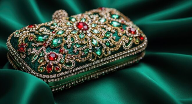 Regal Emerald Green Clutch with Ornate Ruby and Diamond Jewels on Silk