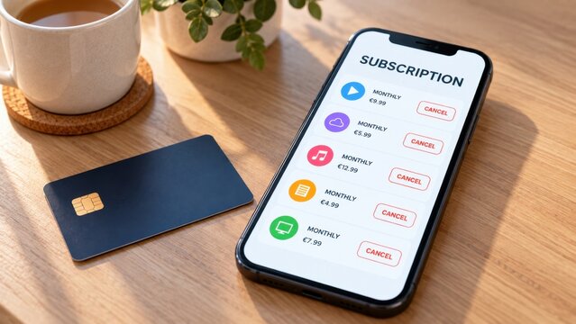 Smartphone Subscription Management Screen with Monthly Services and Cancel Options