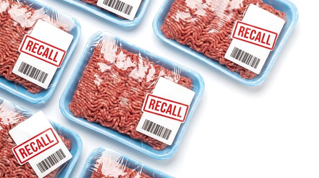 A Ground Beef Recall in Plastic Trays with Red Warning Labels and Barcodes, Food Safety Hazard and Contamination Alert, Meat Product Recall Concept in Grocery Store, Health Danger.