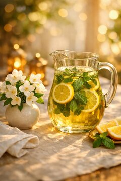 Pitcher of lemon and mint iced tea on rustic table with jasmine flowers for summer beverage background and food styling