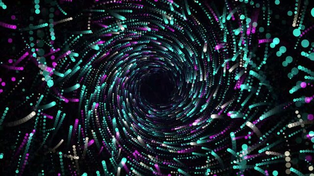 Mesmerizing glowing particle vortex tunnel in vibrant shades of cyan purple and white