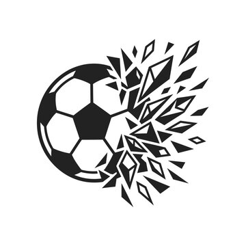 Dynamic black and white illustration of a soccer ball exploding into sharp geometric fragments, depicting speed and impact.