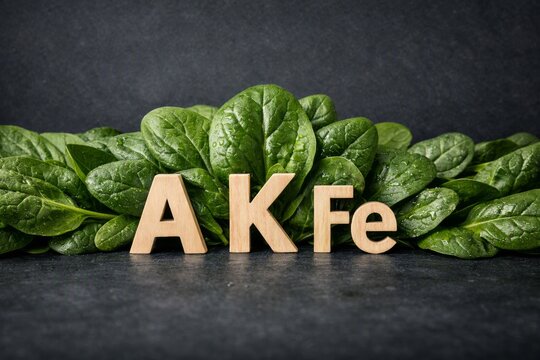 Fresh spinach leaves with wooden letters a k fe indicating vitamins and iron for nutrition background and healthy food banner design