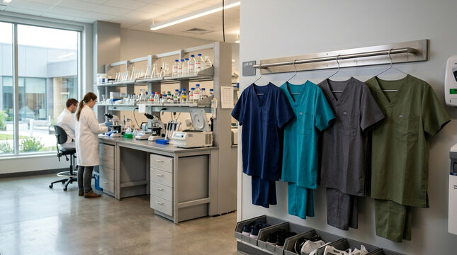 Scientists working with laboratory equipment on a desk in a bright research facility
