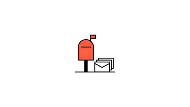 A red mailbox with a stack of envelopes on a white background
