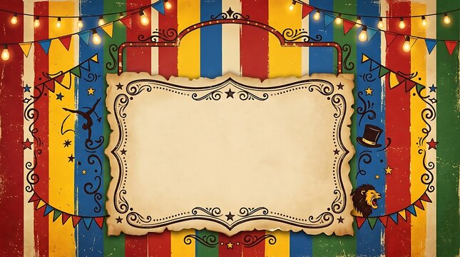 Vintage circus carnival background with colorful stripes and empty paper sign frame