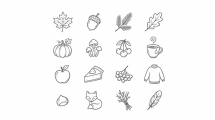 Obraz premium Collection of autumn themed icons featuring seasonal fruits and nature elements isolated