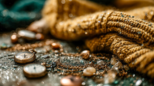 Close-up of pocket watches and chains on textured surface, passage of time