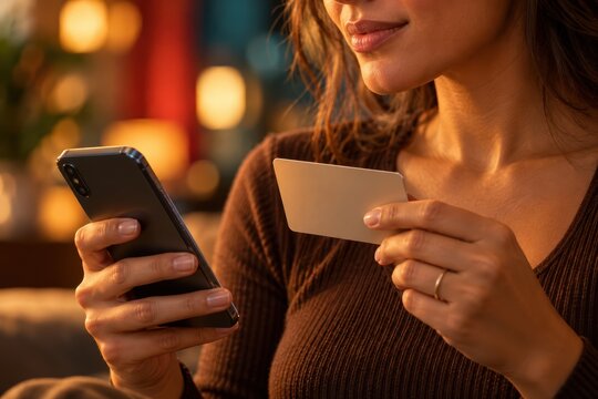 Online Shopping Comfort: A woman, seated comfortably, uses her smartphone to make an online purchase, holding a credit card in her other hand. Warm.