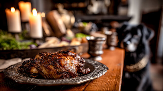 Roasted meat with crispy brown crust on ornate pewter plate on wooden table with lit candles and blurred kitchen background.