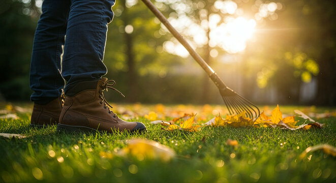 Person raking fallen autumn leaves on green lawn