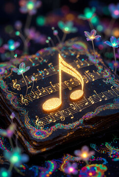 Nota musicale magica dorata con spartito e fiori luminosi in stile fantasy