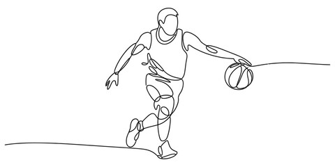 Basketball player dribbling ball in dynamic continuous black line art style for sports poster or athletic competition logo. © Purnima