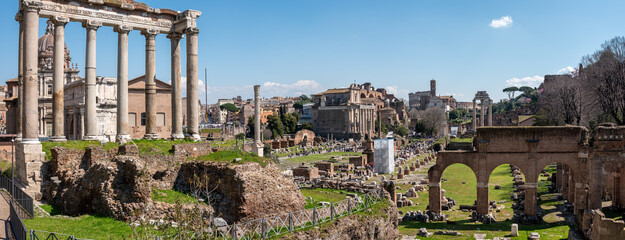 Panoramic View of the Temple of Saturn Columns and Basilica Iulia Arches, Rome © imagoDens