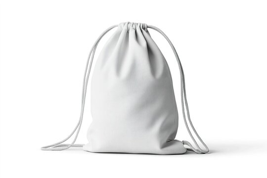 White drawstring bag against plain white background.