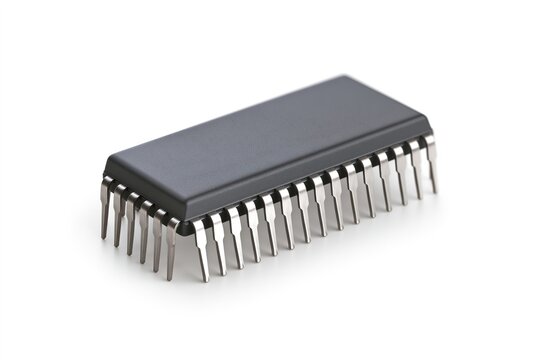 Black rectangular chip with silver pins, isolated against white background.