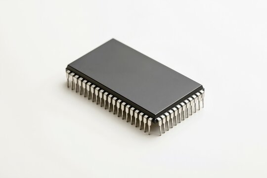 Black rectangular chip with silver pins, isolated against white background.