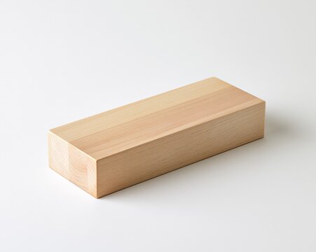 A rectangular wooden block, smooth and polished, resting against a plain white surface.