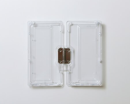 Clear plastic hinges attached to two rectangular, transparent panels against a white background.