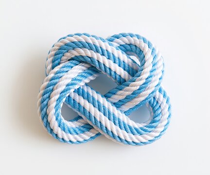 Blue and white rope forming a complex knot against a plain background.