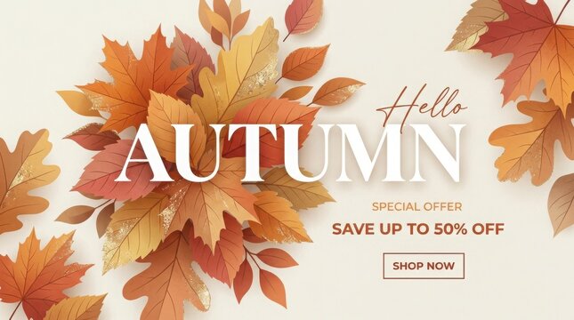 Autumn leaves with text overlay offering seasonal discounts and shopping promotions