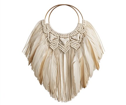 Macrame Necklace with Feathers and Fringe, Cream Color
