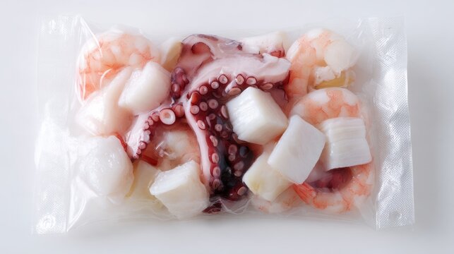 Mixed Seafood Pack Frozen mixed seafood including shrimp, octopus tentacles, and fish chunks in a vacuum-sealed plastic bag.