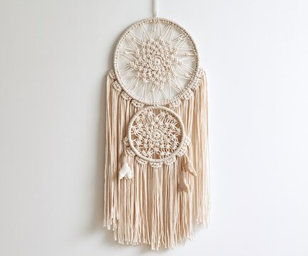 Macrame Dreamcatcher with Beige Fringe and White Center