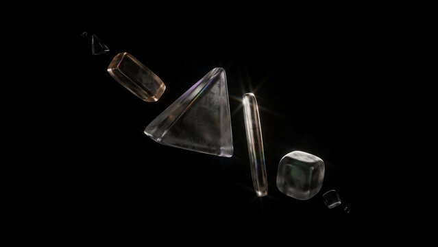 Floating geometric glass shapes including a triangle, cube, and rectangle with bright light flares