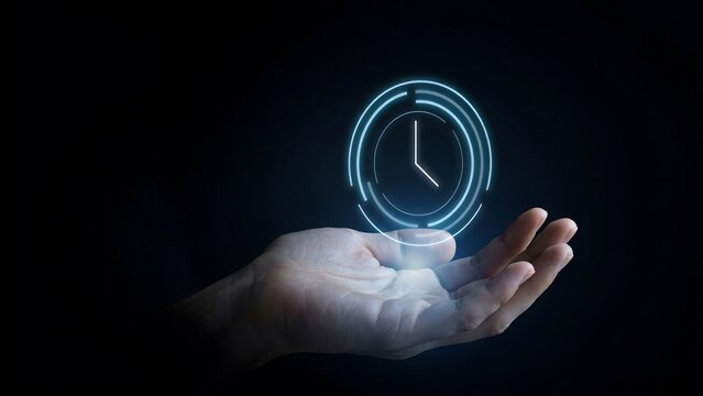 Glowing clock hologram floating above an open hand representing time management and digital technology