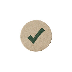 Round cardboard badge with a green check mark symbol isolated on transparent background © MUST DESIGN