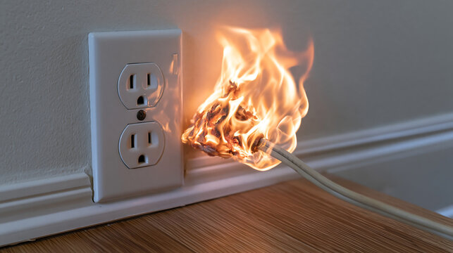 burning power strip with flames and melting plastic on a blue background showing overloaded outlet fire hazard electrical danger and home safety warning