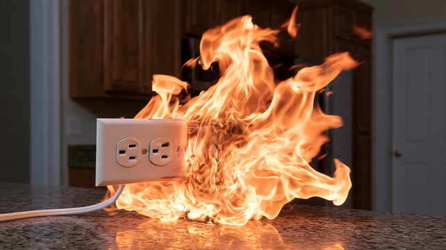 burning power strip with flames and melting plastic on a blue background showing overloaded outlet fire hazard electrical danger and home safety warning