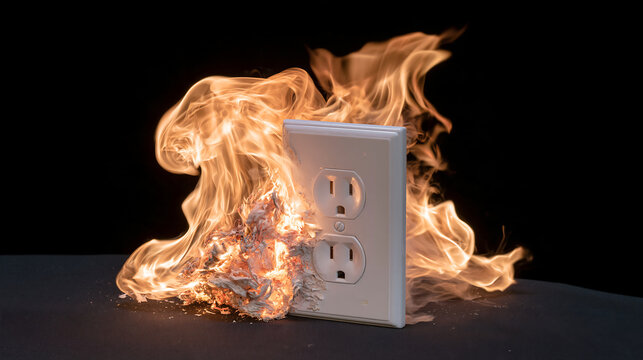 burning power strip with flames and melting plastic on a blue background showing overloaded outlet fire hazard electrical danger and home safety warning