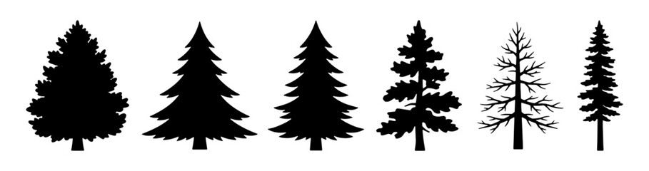 Naklejka premium Pine tree silhouettes set featuring evergreen fir, spruce, conifer, and bare winter branches vector for logo, sticker, and print