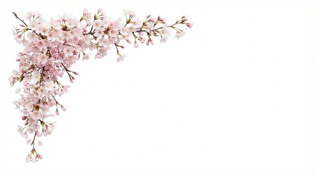 Cherry blossom branch corner border with delicate pink flowers and buds isolated on a white background for spring designs