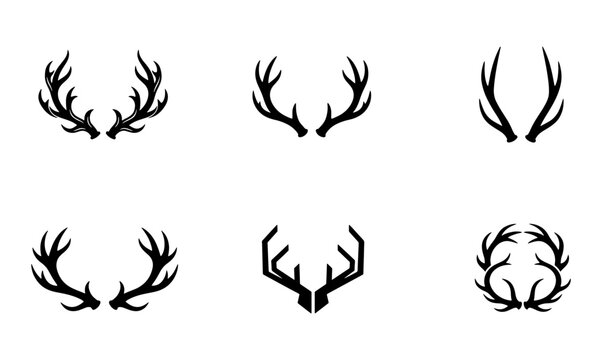 Deer antler silhouettes vector set with stag horns, buck rack, geometric tines and trophy branches for hunting logo and tattoo